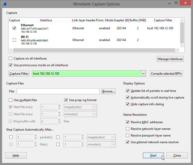 Wireshark capture filter screenshot