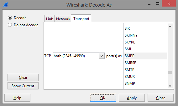 Wireshark decode as dialog screenshot